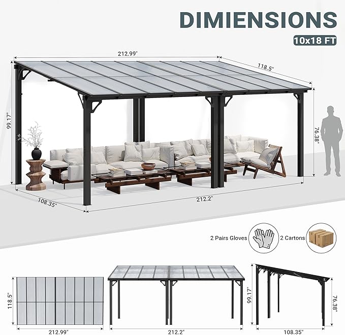 AirWire 10x18 FT Gazebo, Pergola Awnings for Patio with Hardtop Gazebos on Clearance, Patio Covers for Shade and Rain, Lean to Gazebo Sunroom Patio Canopy Outdoor Pergolas for Patios, Decks, Backyard