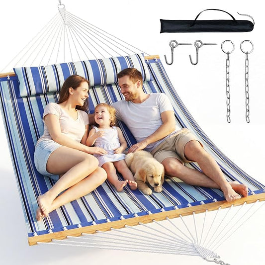 Everyfun Double Hammock with Spreader Bar - 2 Person Patio Hammock, 500 lbs Capacity, Soft Pillow & Carry Bag, Flat Wide Bed, Portable Quilted Hammock for Outdoor Camping Backyard Garden,Blue