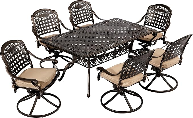 TITIMO 7-Piece Cast Aluminum Patio Dining Set, Outdoor Dining Furniture Patio Conversation Set, Rectangular Table w/Umbrella Hole for Backyard Deck Poolside (Khaki-Swivel Grid Chair, 7 Pcs)