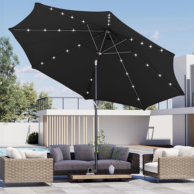 Kingdura 9FT Outdoor Patio Umbrella with Solar Lights, Market Table Umbrella with Push Button Tilt & Crank, 8 Sturdy Ribs, 32 LED Lights, UV Protection for Garden Lawn Deck Backyard Pool (Black)
