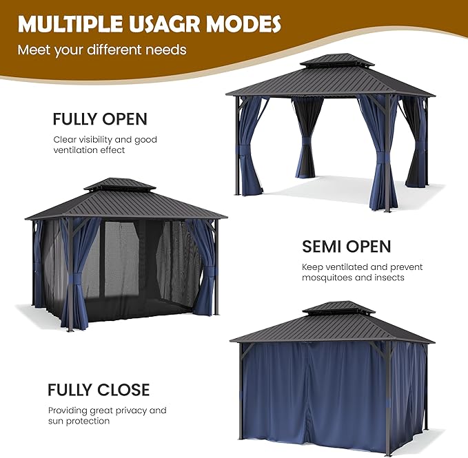 UDPATIO 10'x12' Hardtop Gazebo, Metal Gazebo with Galvanized Steel Double Roof, Permanent Patio Pavilion for Dining Parties, Navy Blue