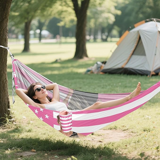 Pink American Flag Custom Outdoor Hammocks with Tree Straps Indoor Hammock for Outside Patio Backyard Poolside