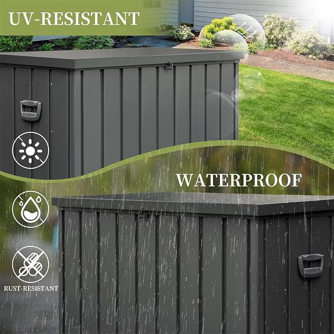 200 Gallon Outdoor Storage Deck Box with Lockable and Mobile Roller, Large Steel Container Bin with Waterproof and UV Resistant for Patio, Garden, Dark Gray