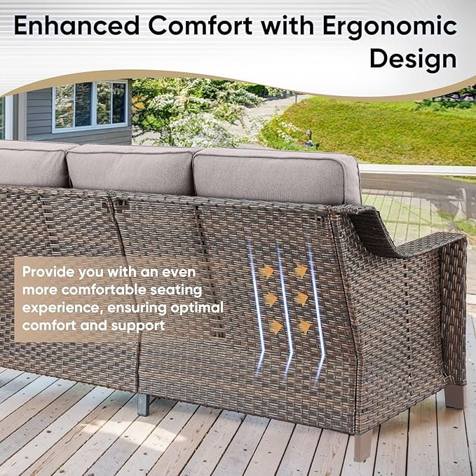 4 Piece Patio Furniture Set-Outdoor Rattan Wicker Sofa with Patio Chairs Outdoor Furniture for Porch Garden Backyard Poolside-Brown/Grey
