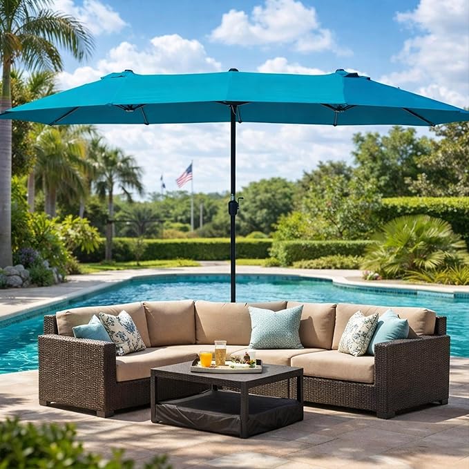 Kozyard 15 FT Double-Sided Rectangular Patio Umbrella, Base Included, Crank Lift Outdoor Patio Umbrella with UV Protection for Backyard, Pool & Garden Blue
