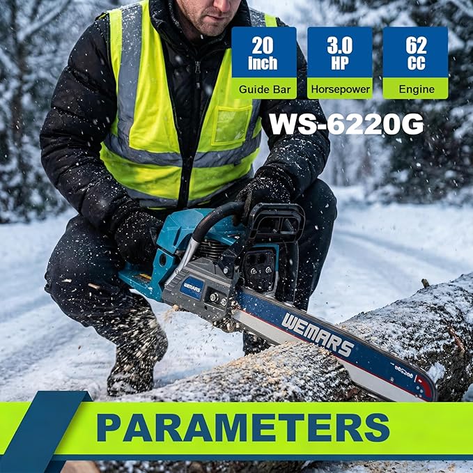 Gas Chainsaw 62CC 20 Inch Gas Powered Chainsaws 2-Cycle Gasoline Handheld Cordless Petrol Chain Saws for Cutting Wood Tree Trimming Garden and Farm Use