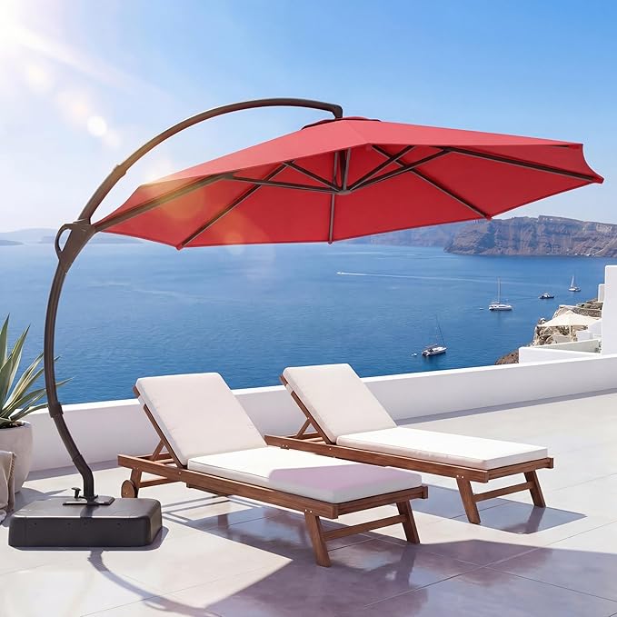EO Living Outdoor Patio Umbrella with Base included, 11 FT Deluxe Curvy Cantilever Umbrella Heavy Duty Offset Hanging Umbrella with 360° Rotation for Pool, Garden, Backyard, Deck (Red)