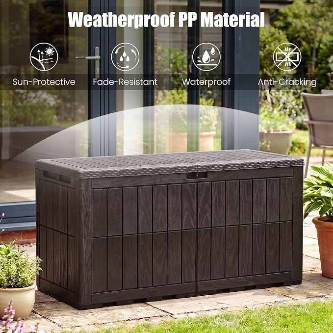 HAPPYGRILL 120 Gal Outdoor Deck Box, Lockable Storage Bin with Lid and Handles, Waterproof and Sun-Protective Patio Bench and Storage Box for Garden Tools Pool Supplies (Dark Brown, 120Gallon)