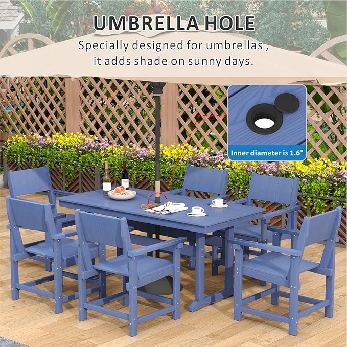 7-Piece HDPE Outdoor Patio Dining Set,Outdoor Table and Chairs,Modern Plastic Dining Sets with Umbrella Hole Cut-Out Table and 6 Chairs Navy