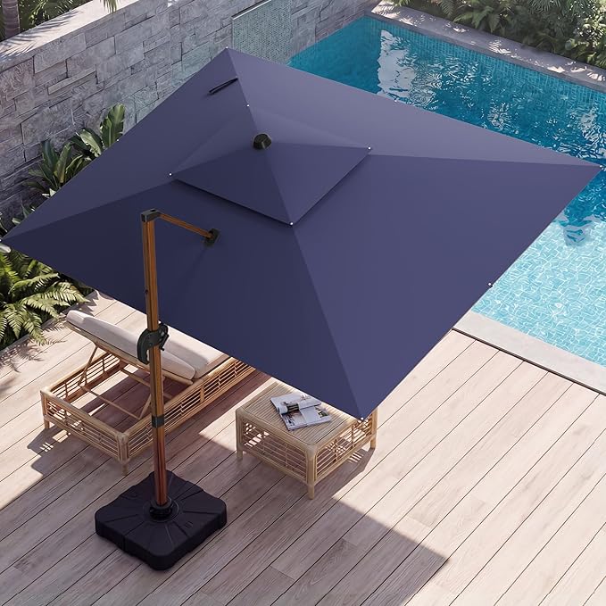 10x13 FT Wood Pattern Patio Umbrella, Large Deluxe Cantilever Rectangular Double Top Heavy Duty Offset Umbrellas with 360° Rotation, Outdoor shade for Garden Deck Pool Patio, Navy