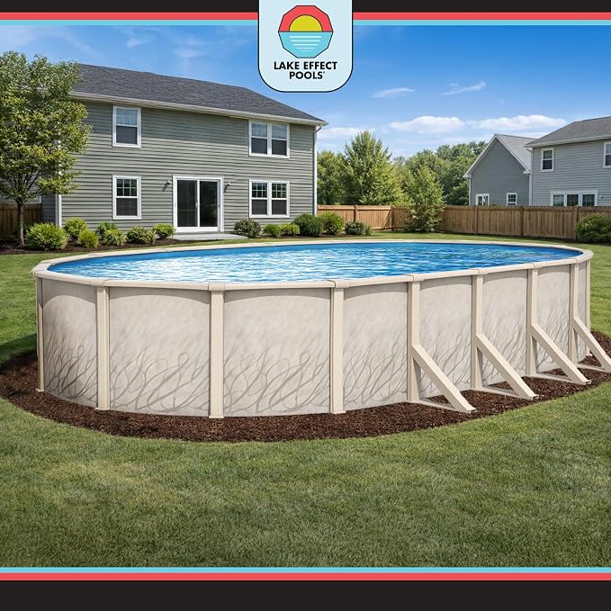 Lake Effect Pools 'Meadows Reprieve' 12 ft x 24 ft Oval Above Ground Swimming Pool Bundle | 52 Inch Steel Sided Walls | Kit Includes: 25 Gauge Liner, A-Frame Ladder, Sand Filter/Pump, & Skimmer
