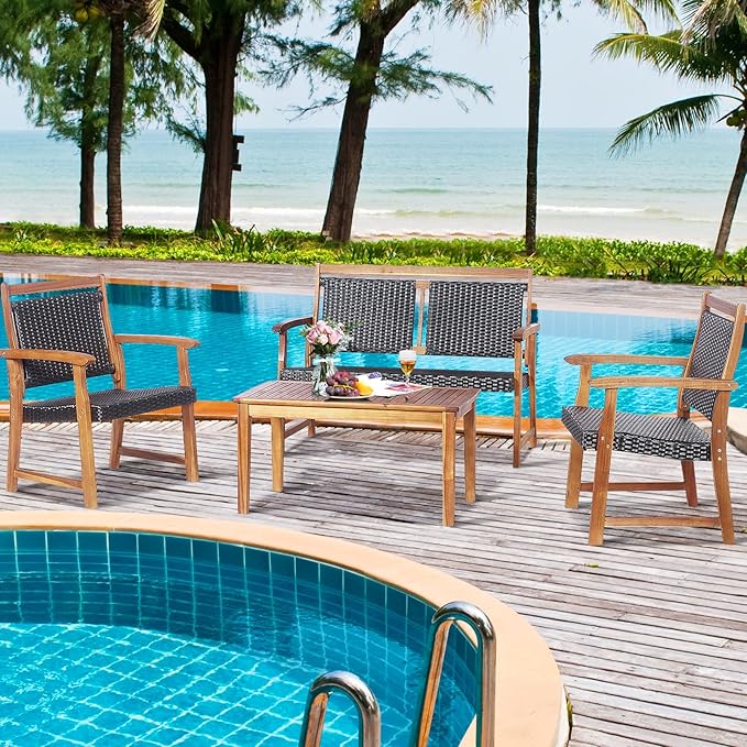 Tangkula 4 Pieces Patio Rattan Conversation Set with Acacia Wood Frame, Patiojoy Outdoor Furniture Set with Chairs & Coffee Table, Sectional Furniture Set for Garden, Backyard, Poolside