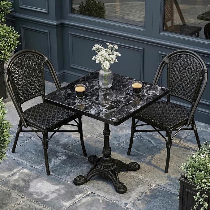 31.5" Outdoor Tulip Dining Table with Sintered Stone Tabletop and Cast Iron Base, Antique Patio Bistro Table for 2-4 Person for Indoor Outside Cafe Restaurant Backyard Garden (Black Marquina)