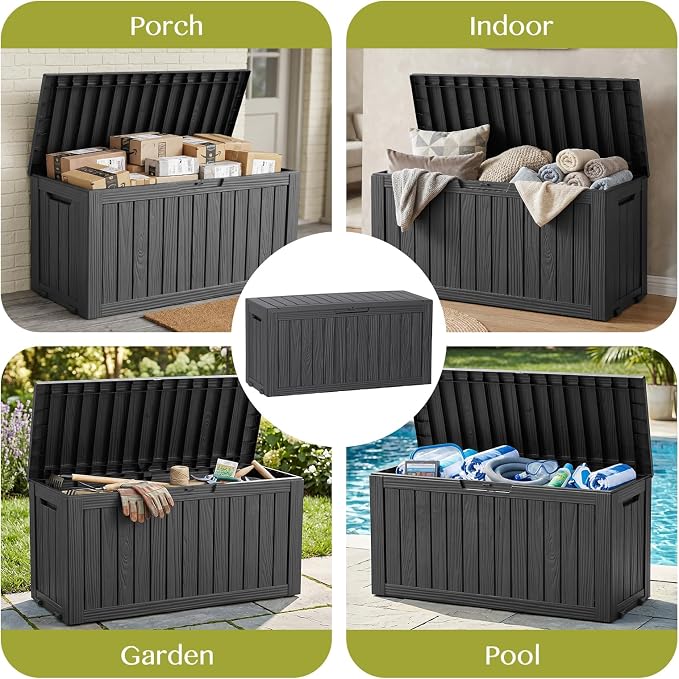 Waterproof Outdoor Storage Box Outside Deck Box Lockable Resin Bench UV Resistant Furniture Cushion Pool Tool Float Bin Patio Garden Porch (Black, 85 Gallon)