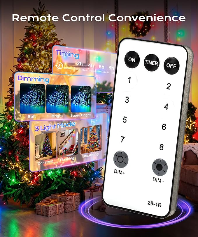 99ft 100 LED Christmas Fairy Lights, 8 Modes Remote Timer,Multicolor | Vivid red, green, blue & yellow glow for indoor or outdoor use; perfect for bedroom, Halloween tree & party decor.