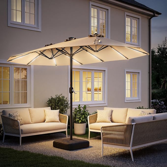 HOMSHADE 15FT Double Sided Umbrella with Light Bar and Base, Rectangle Oversized Patio Umbrellas, Extra Large Outdoor Table Umbrella for Pool, Patio, Garden (Beige)