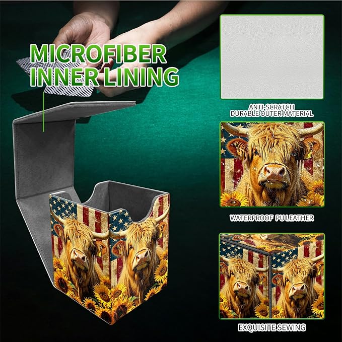 Yellow Cow Sunflower Card Deck Box for MTG, Personalized Card Storage Case Fits 120+ Sleeved Cards, Premium Leather TCG Box with Strong Magnetic Closure for Magic, CCG, PTCG, Baseball Cards