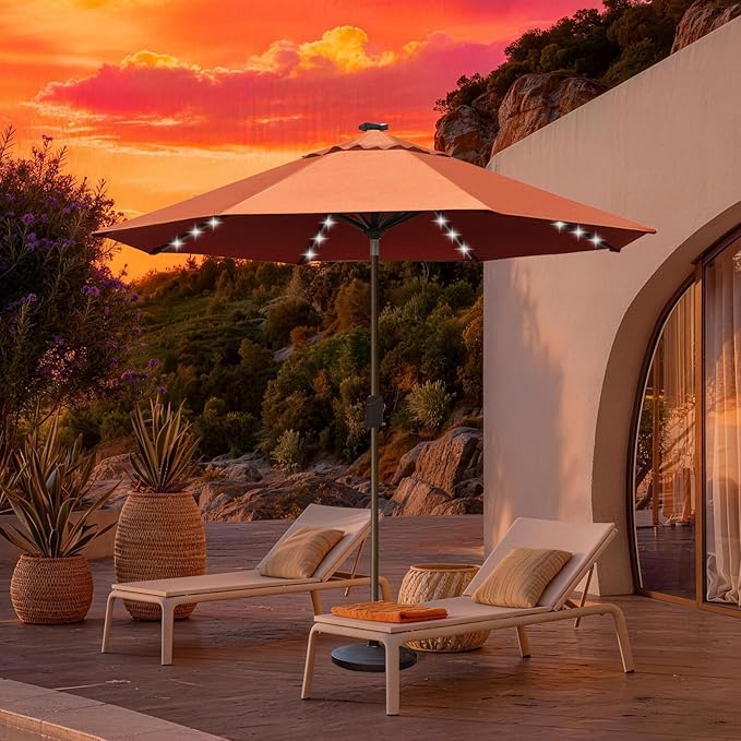 EliteShade USA 10-Year-Non-Fading 10ft Market Patio Umbrella, Commercial Grade Table Sun Umbrella with 80 Solar LED Lights, Crank Open, Windproof & UPF 50+ UV Protection for Garden, Deck, Pool, Backyard, Rust