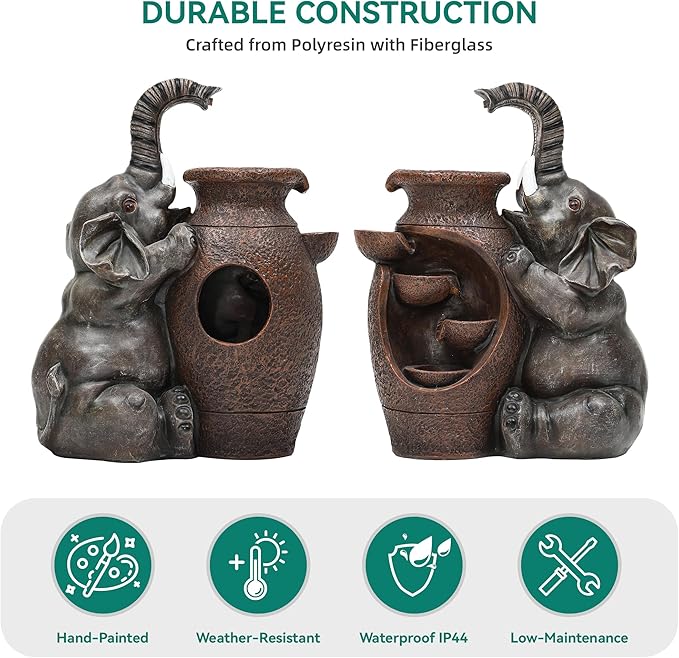 19" H Elephant Jar Outdoor Water Fountain, Rustic Farmhouse Water Feature with Tranquil Cascading Waterfall, Relaxing Garden Patio Yard Deck Kitchen Floor Tabletop Decor
