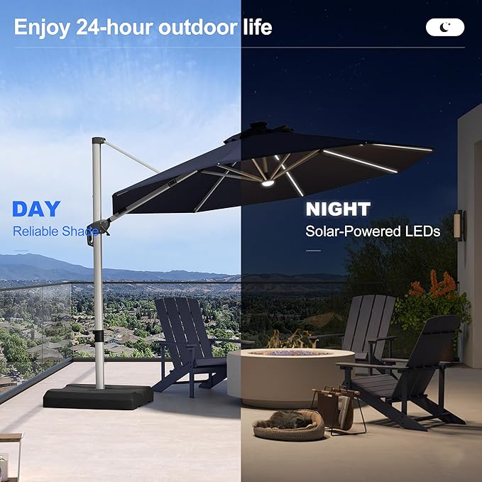 PURPLE LEAF Cantilever Umbrella with base 11ft Outdoor Round Patio Solar Powered LED Umbrella with 360-degree Rotation for Garden Deck Pool Patio, Navy Blue