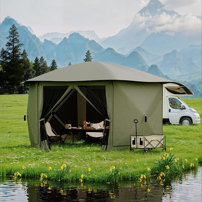 GarveeLife 13x13FT 6-Sided Pop Up Gazebo Tent，One-Push Setup Canopy Tent with Removable Canopy Top & Wind Cloths, Outdoor shelter for Camping, Backyard Parties, Outdoor Events - Army Green