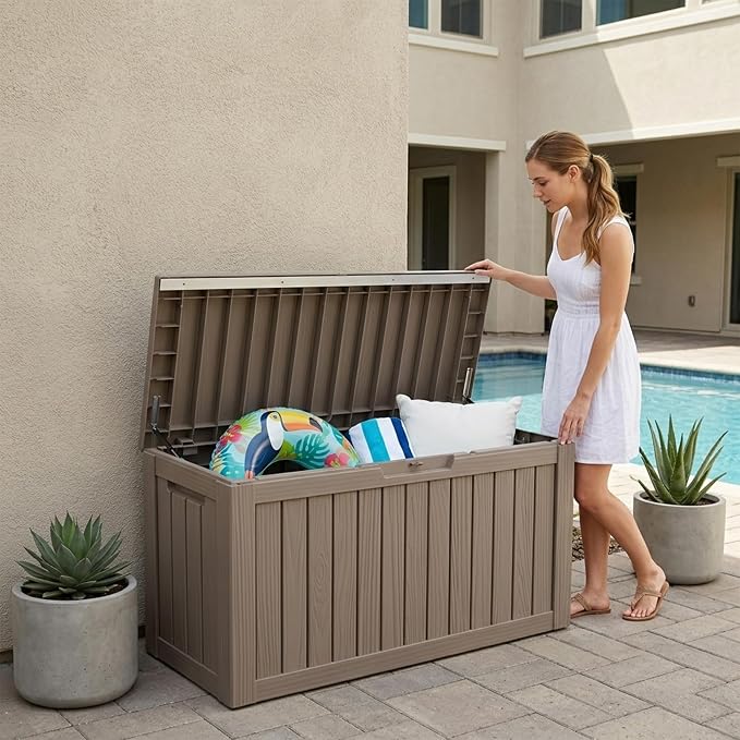 Outdoor Storage Box, 90 Gallon Waterproof Deck Box [Upgraded 3.0], Robust Weatherproof Organizer for Deep-Seat Cushions, Sports Equipment, Lockable Garden Tool Bench Seat, Side Yard, Grey