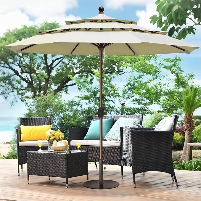 EliteShade USA 10-Year-Non-Fading 11ft 3-Tier Market Patio Umbrella, Commercial Grade Outdoor Table Umbrella with Crank Open, Windproof & UPF 50+ UV Protection, Heavy Duty Ventilation for Garden, Deck, Pool, Backyard, Beach & Bistro, No Tilt, Natural