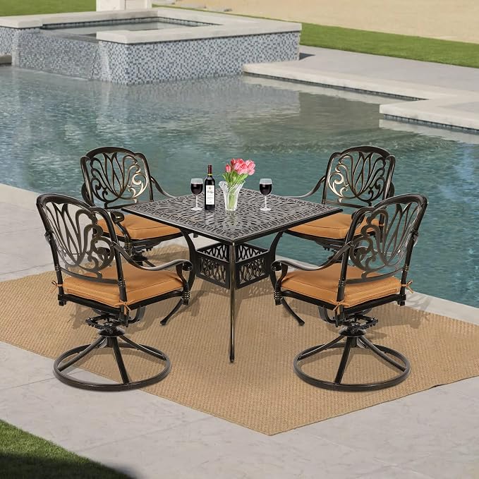 VIVIJASON 5-Piece Outdoor Patio Dining Set, All-Weather Cast Aluminum Conversation Set, Patio Furniture Set for Deck Lawn Garden, Include 4 Swivel Dining Chairs, a 35.4" Square Table w/Umbrella Hole
