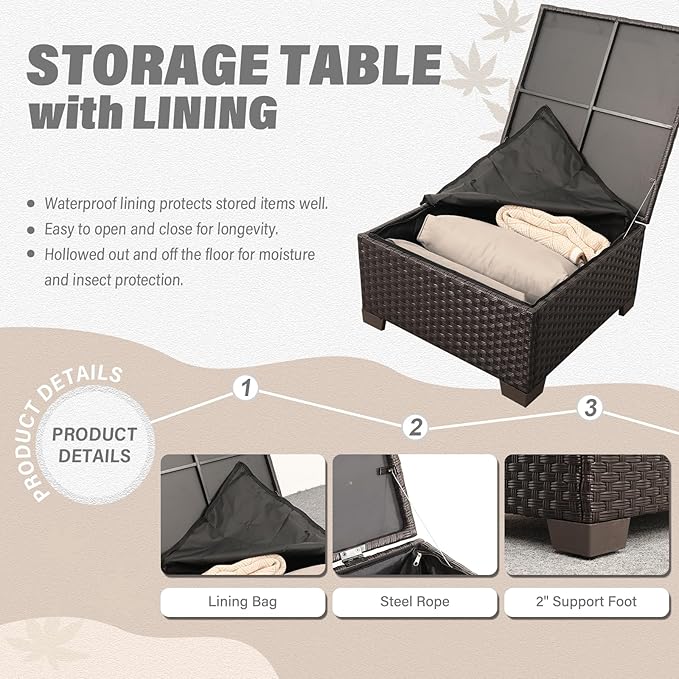 Patio Furniture Set 3 Piece Outdoor Sectional Sofa Set with Wicker Couch, Ottoman, Patio Table with Storage All-Weather Non-Slip Cushions and Waterproof Covers, Khaki