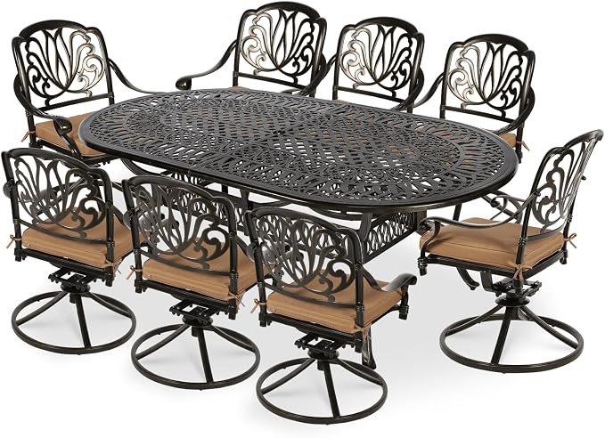 VIVIJASON 9-Piece Patio Furniture Dining Set, All-Weather Cast Aluminum Outdoor Conversation Set, Include 8 Swivel Dining Chairs and an Oval Table with Umbrella Hole for Lawn Garden Backyard