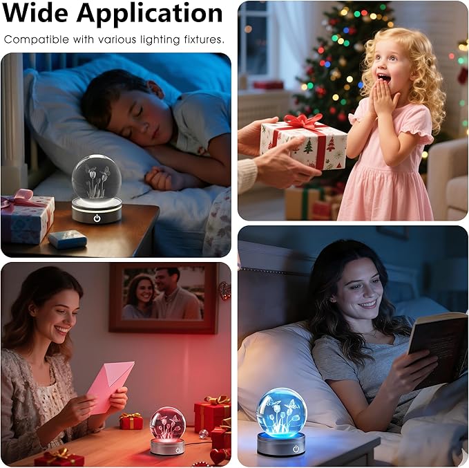 L LOHAS LED 3D Crystal Ball Night Light-Laser Engraved Floral with Silver Base, RGB 4-Color Changing Touch Control Decor Night Light,USB Plug-in & Battery Powered,as a Gift for Girls & Wife