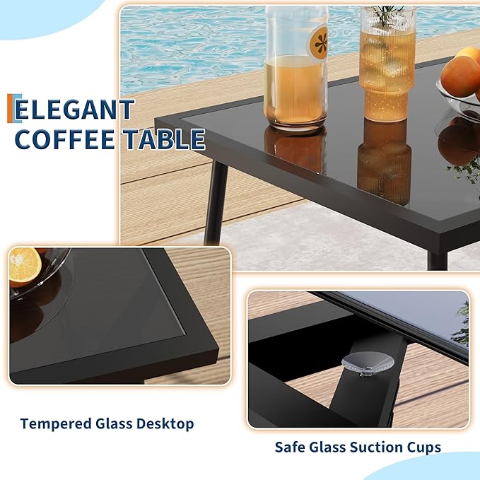 4 Piece Patio Conversation Set Textilene, Outdoor Conversation Set with Single Chairs and Glass Top Coffee Table, One Love Seat, Two Single Chairs and One Table