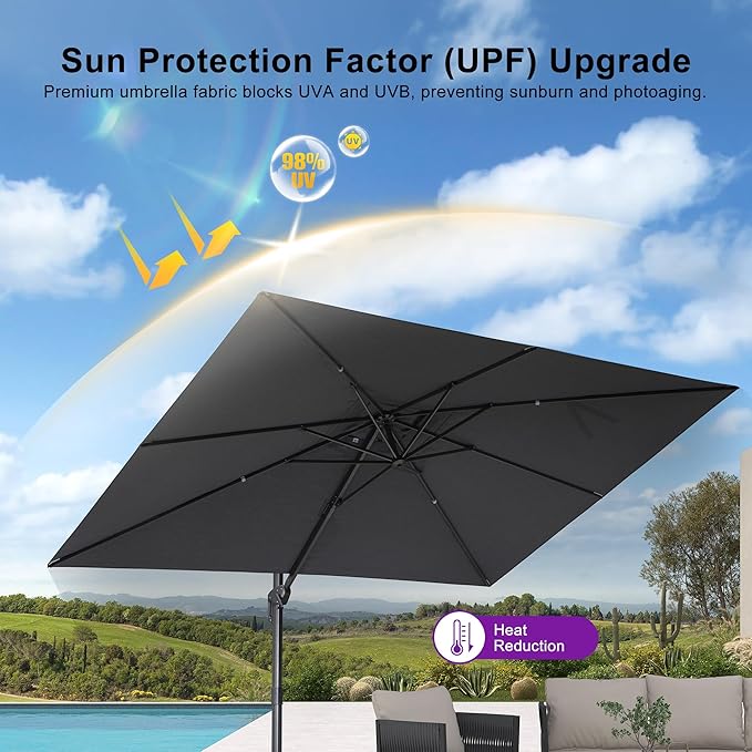 PURPLE LEAF Patio Umbrella 9' X 11.5' Rectangle Cantilever Umbrella Large Aluminum Outdoor Umbrellas with 360-degree Rotation & UPF40+ Premium Fabric for Deck Pool Garden Yard, Mist Grey