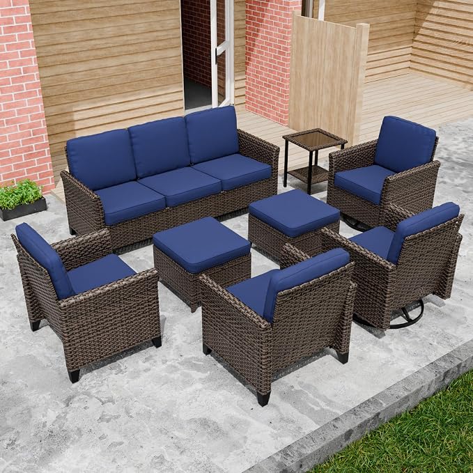 COOS BAY Harbor Retreat 8 Piece Outdoor Furniture Set, Patio Conversation Set with Swivel Rocking Chairs, Patio Chairs, Couch, Side Table and Ottomans, Wicker Furniture, Brown/Blue