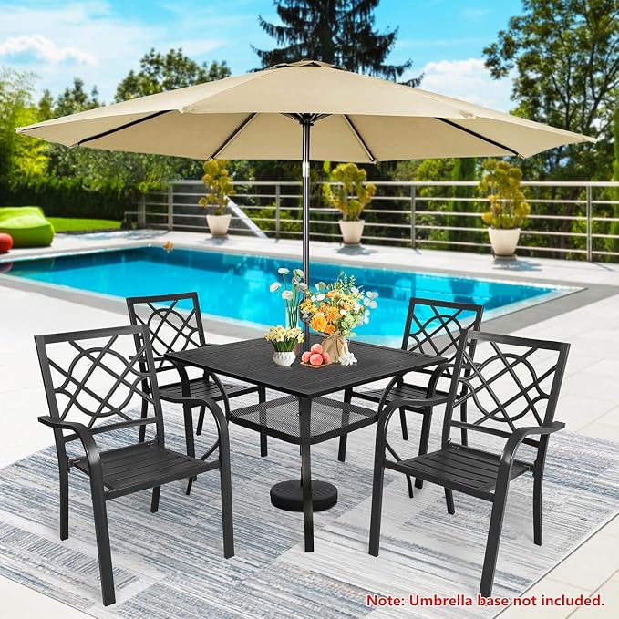 5 Piece Outdoor Patio Dining Set with Umbrella, Metal Patio Furniture Set Outdoor Square Slatted Dining Table with 9 FT Patio Umbrella, 4 Stackable Chairs for Backyard, Garden