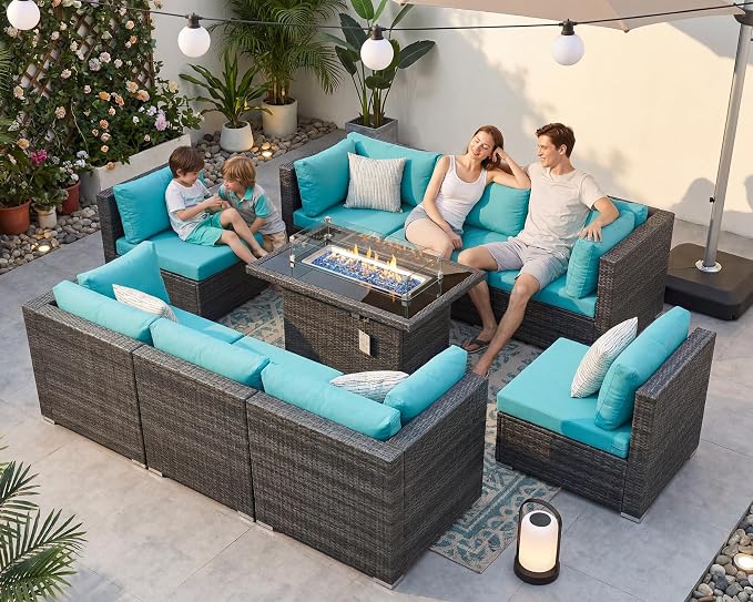 BULEXYARD 9 Piece High Back Outdoor Sectional Seating with Fire Pit Table, Heavy Duty Sturdy Wicker Patio Set Conversation Couch Sofa, Extra Wide Deep Large 8-Person Deck Furniture Set, Grey & Teal