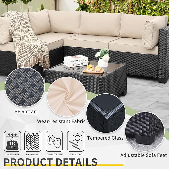 WAROOM Outdoor 5 Piece Patio Furniture Set, Black Rattan Conversation Couch Resin Wicker Sectional Sofa Outside Chair with Coffee Table, Khaki Cushion