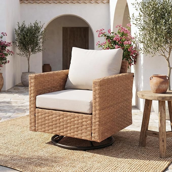 SUNSITT Patio Swivel Rocker Chair, Wicker Swivel Chairs Outdoor Seating Furniture with Thick Comfy Cushions, for Porch, Balcony, Deck, Natural Rattan Color