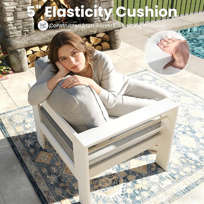5 Pieces Modern Aluminum Patio Furniture Set with Fire Pit Table, Outdoor Conversation Sets Metal Sectional Sofa