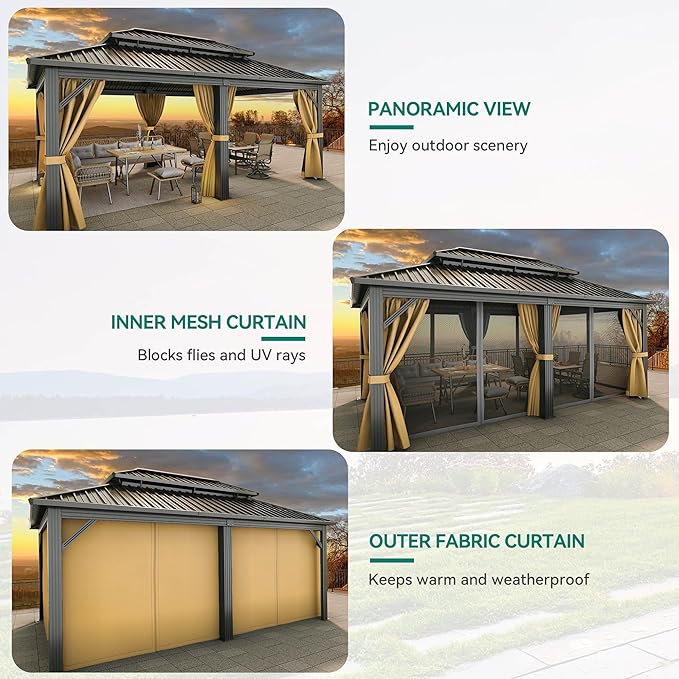 YITAHOME 12X18FT Meatl Hardtop Gazebo Metal Double Roof Canopy Galvanized Iron Aluminum Pillar Garden Tent Curtains Netting for Patios Backyards Decks Lawns
