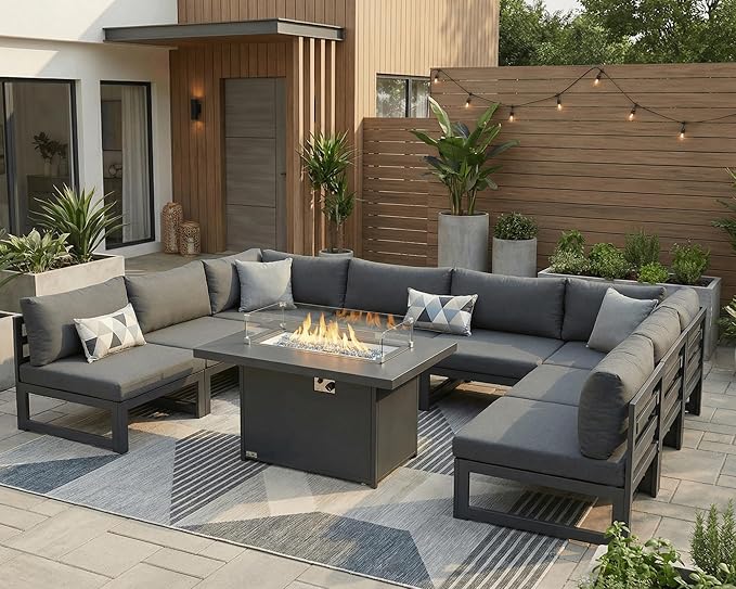 NICESOUL Aluminum Frame Patio Furniture Set with Fireplace, 9 Piece Oversized Modular Outdoor Sectional Sofa, 29" Deep Wide Seating, Modern L Shaped Conversation Set for Backyard, Garden, Dark Grey