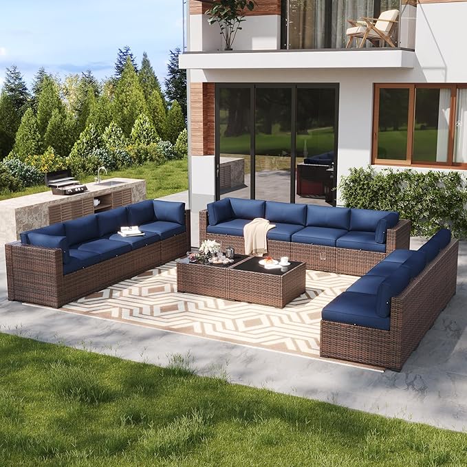 LazySunsets 14 Piece Outdoor Patio Furniture Set with Coffee Table, Outdoor Patio Furniture Sets with Waterproof Cover and Thicken Cushion, Wicker Outdoor Conversation Set for Backyard & Garden, Blue