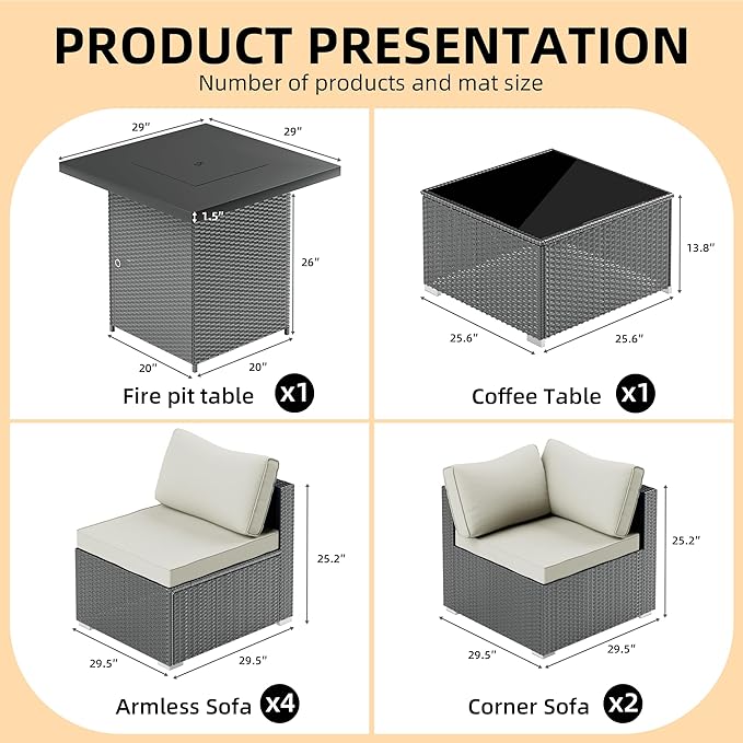 Patio Furniture Set with Fire Pit, All-Weather Outdoor Sectional Patio Furniture Set Including 7-Seated Sofa, 28" Gas Fire Pit Table,Coffee Table for Any Patio,Light Grey