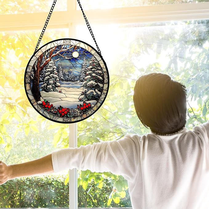 DASTOLL Stained Glass Window Hanging Christmas Tree Winter Snow Night Scenery 9.8" - Suncatcher Door Garden Kitchen Sun Catcher Home Decor Birthday for Mom Men Woman Friend