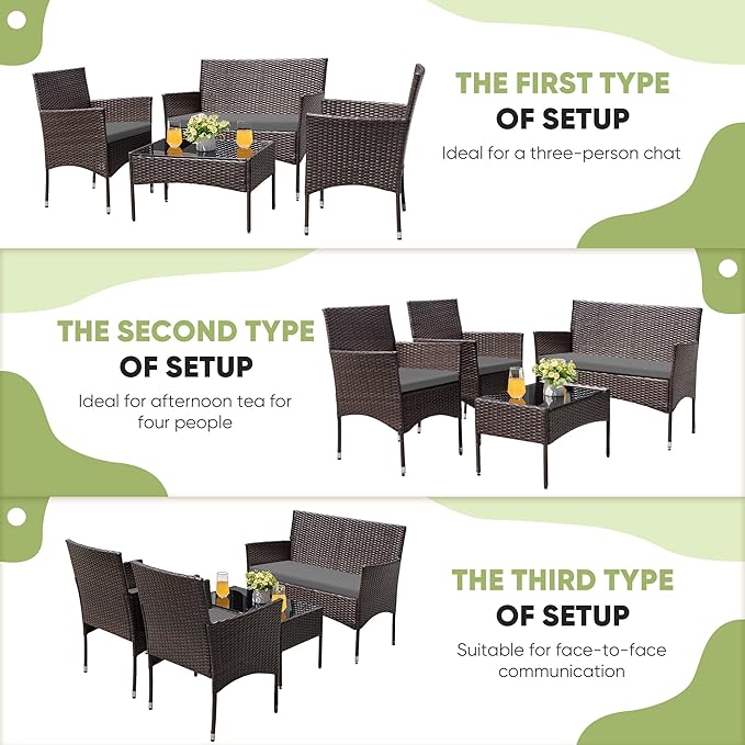 Greesum Patio Furniture 4 Pieces Conversation Sets Outdoor Wicker Rattan Chairs Garden Backyard Balcony Porch Poolside loveseat with Cushion and Glass Table, Brown and Grey