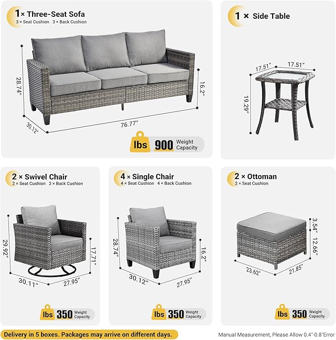 ovios 10 Pieces Patio Furniture Set, Outdoor Wicker Sofa Couch with Swivel Chairs, Rocking Glider Rocker with Comfy Cushions All Weather Rattan Conversation Set, Dark Grey