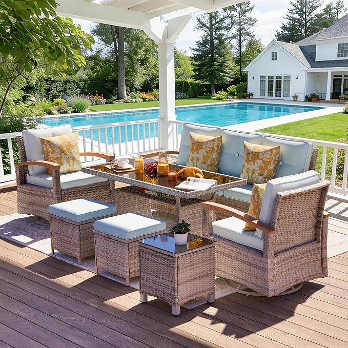 MEISSALIVVE 7 Pieces Patio Furniture Sets, PE Wicker Outdoor Conversation Sets with 2 Wood Armrests Swivel Rocker Chairs, 2 Ottomans, 3-seat Sofa and Dining Table (Blue)