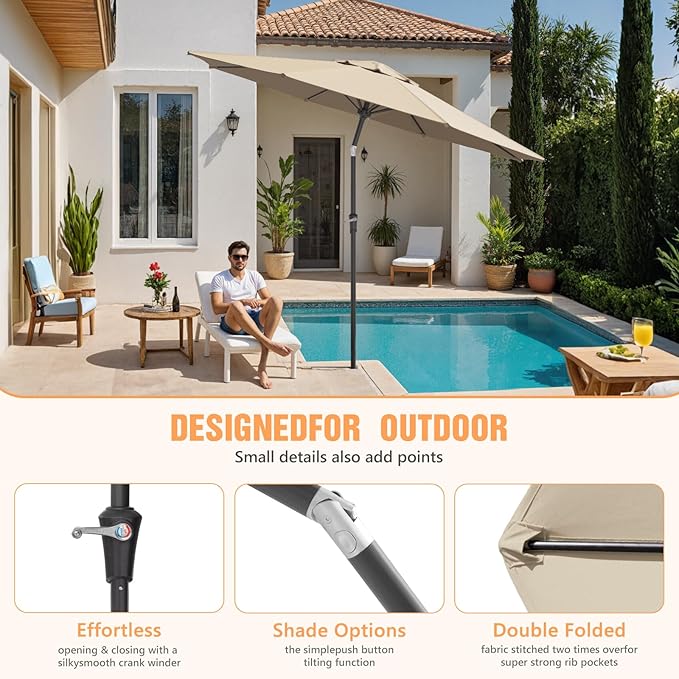 Outdoor Patio Umbrella, Table Umbrella with Push Button Tilt and Crank, 8 Ribs Market Umbrella