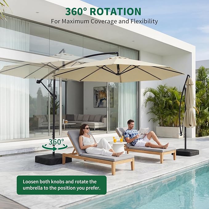 10FT Patio Umbrella with Base, Outdoor Umbrella Pool Umbrella Cantilever Umbrells - UV Protection, Easy Tilt & 360° Rotation for Poolside, Backyard & Garden