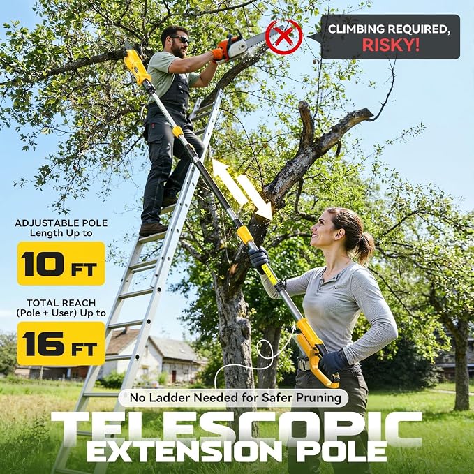 Ecarke Electric Pole Saw Compatible with Dewalt 20V, 16FT Max Total Reach, 8 Inch Detachable Tree Cutter, Electric Chainsaw Trimmer, 26ft/s Cutting Speed Pruner for Branch Pruning (Tool Only)